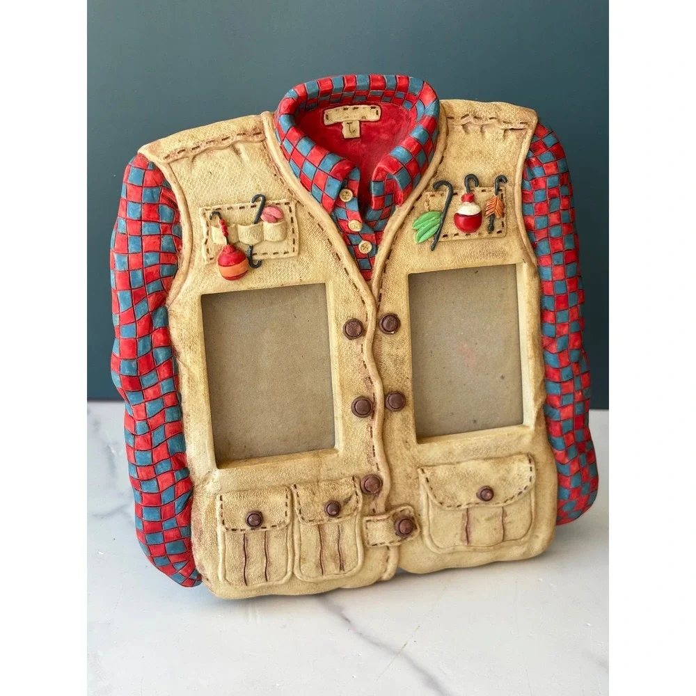 Russ Berrie Fishing Vest Picture Frame Red Plaid Shirt Novelty Double Photo
